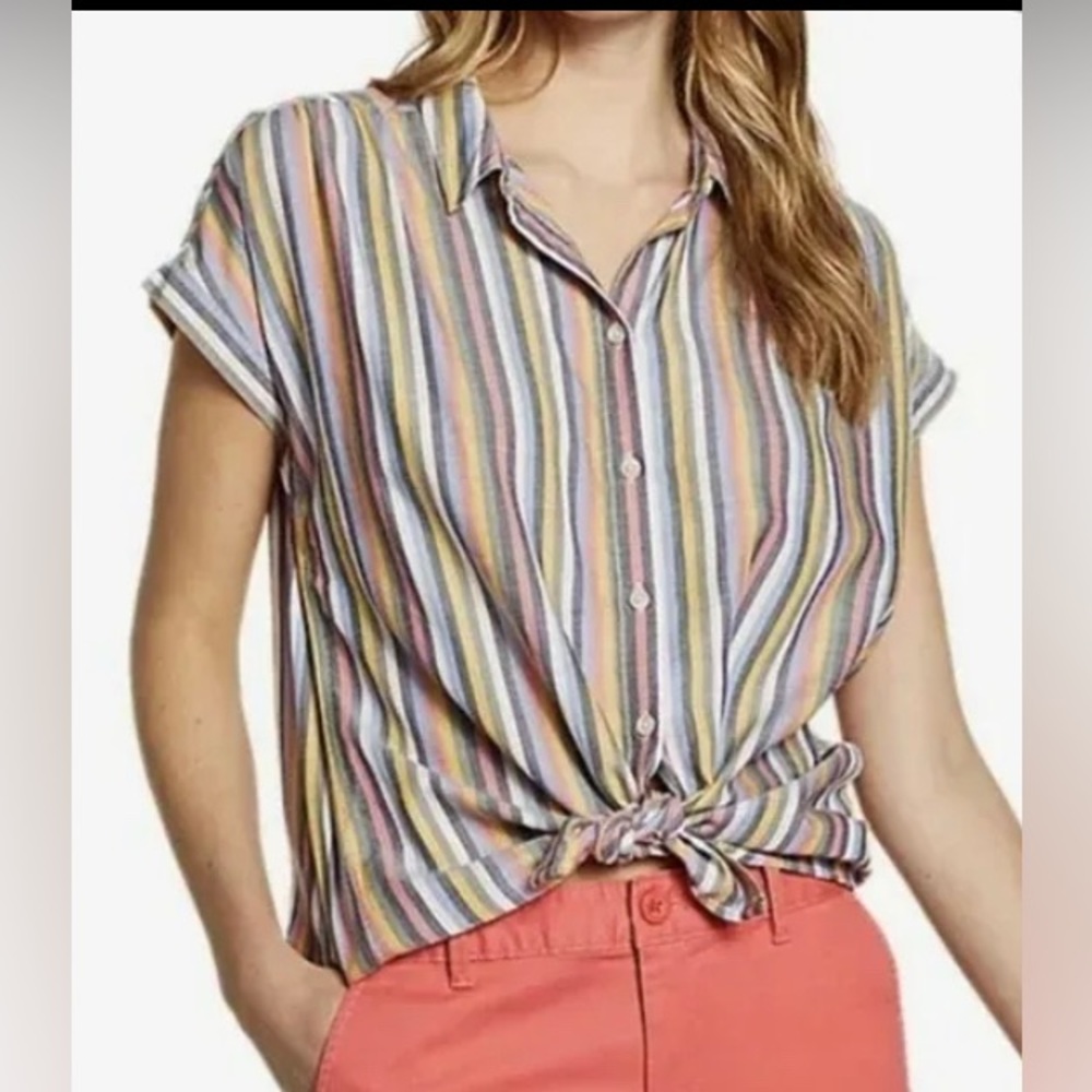 Eddie Bauer Women's Tranquil Short-Sleeve Shirred Shirt - Stripe Pattern XL
